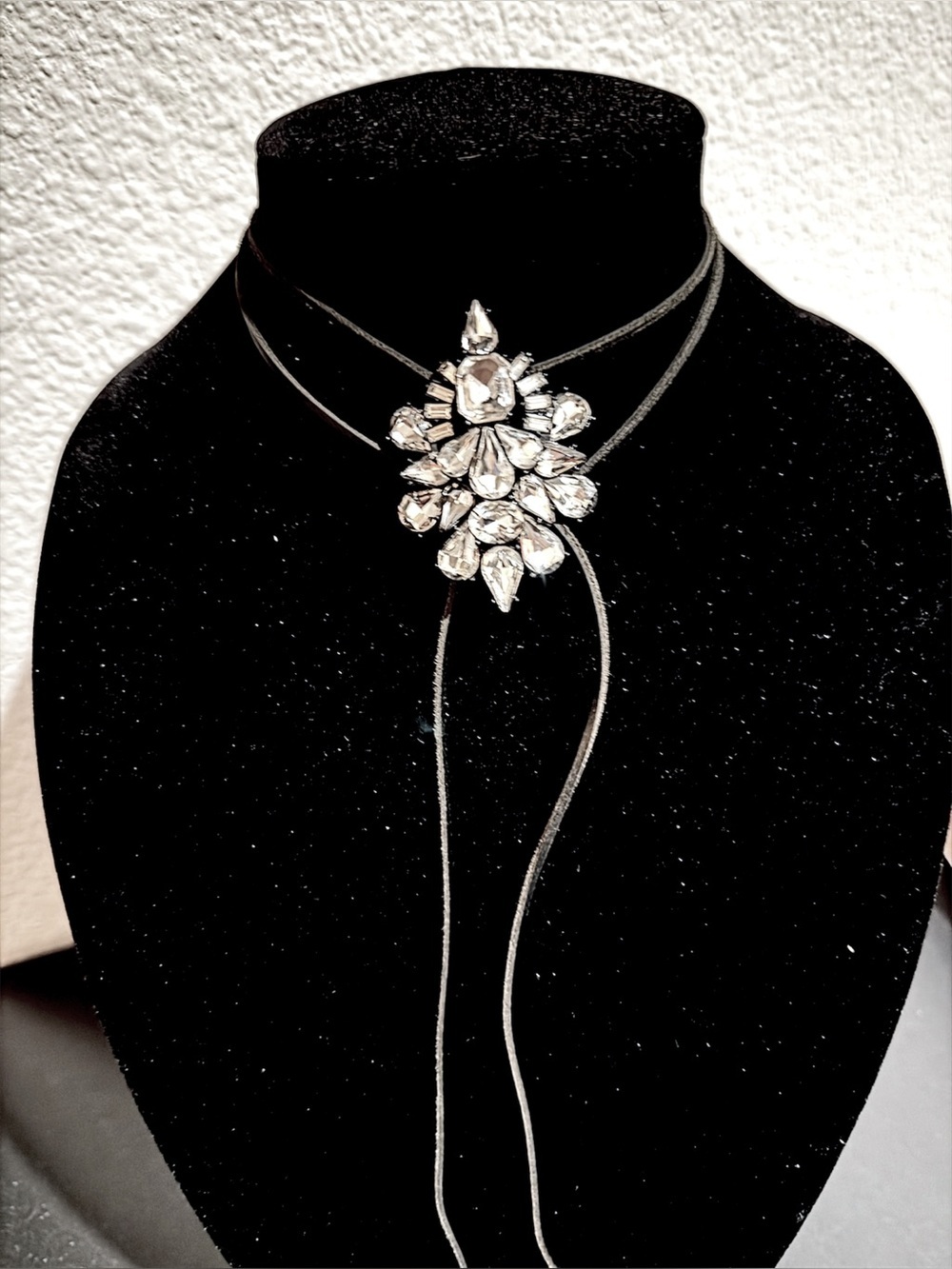 One of a Kind oversized chocker necklace rhinestones crystals 3D, leather chord